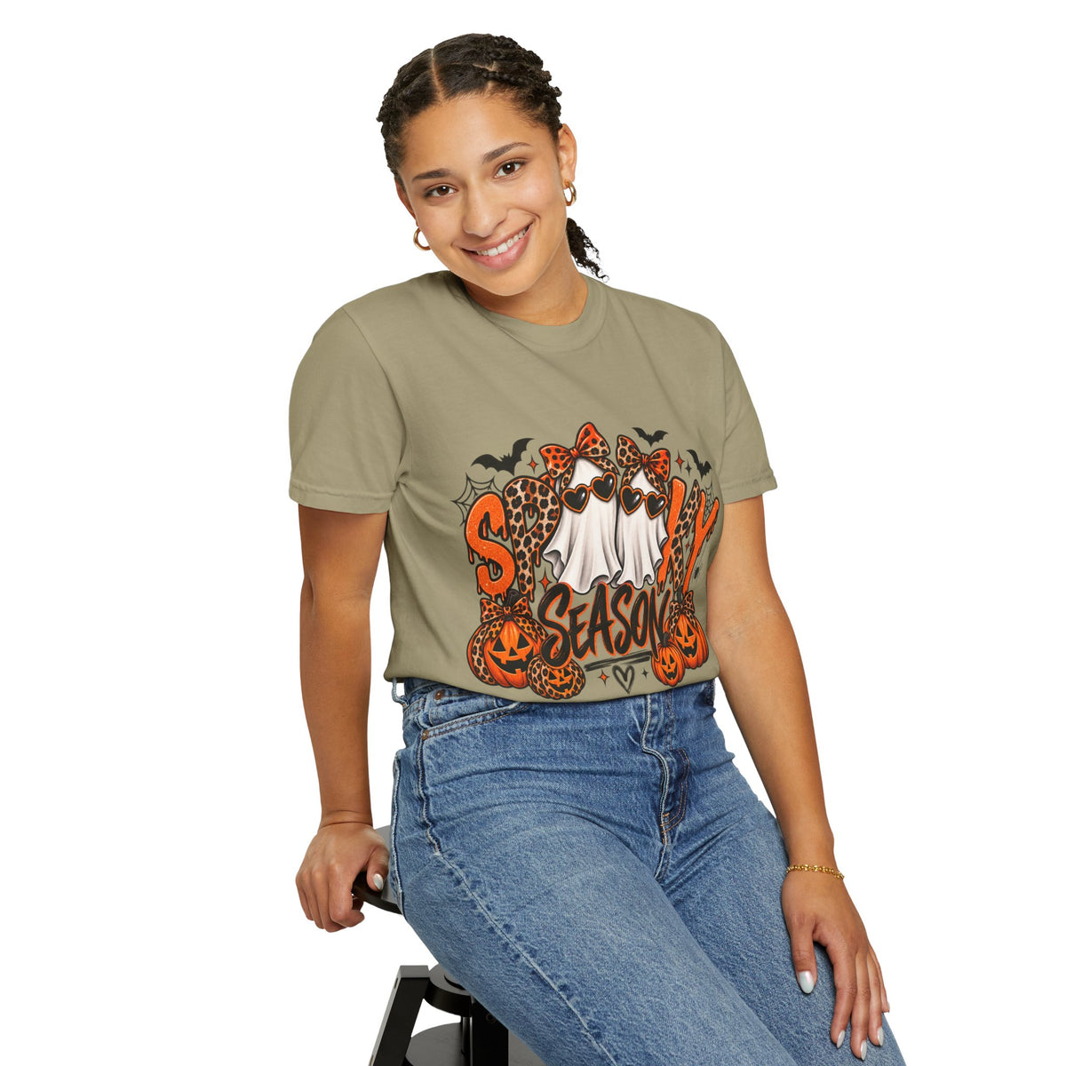 Spooky Season Halloween T-Shirt — Ghosts, Pumpkins & Leopard Bows
