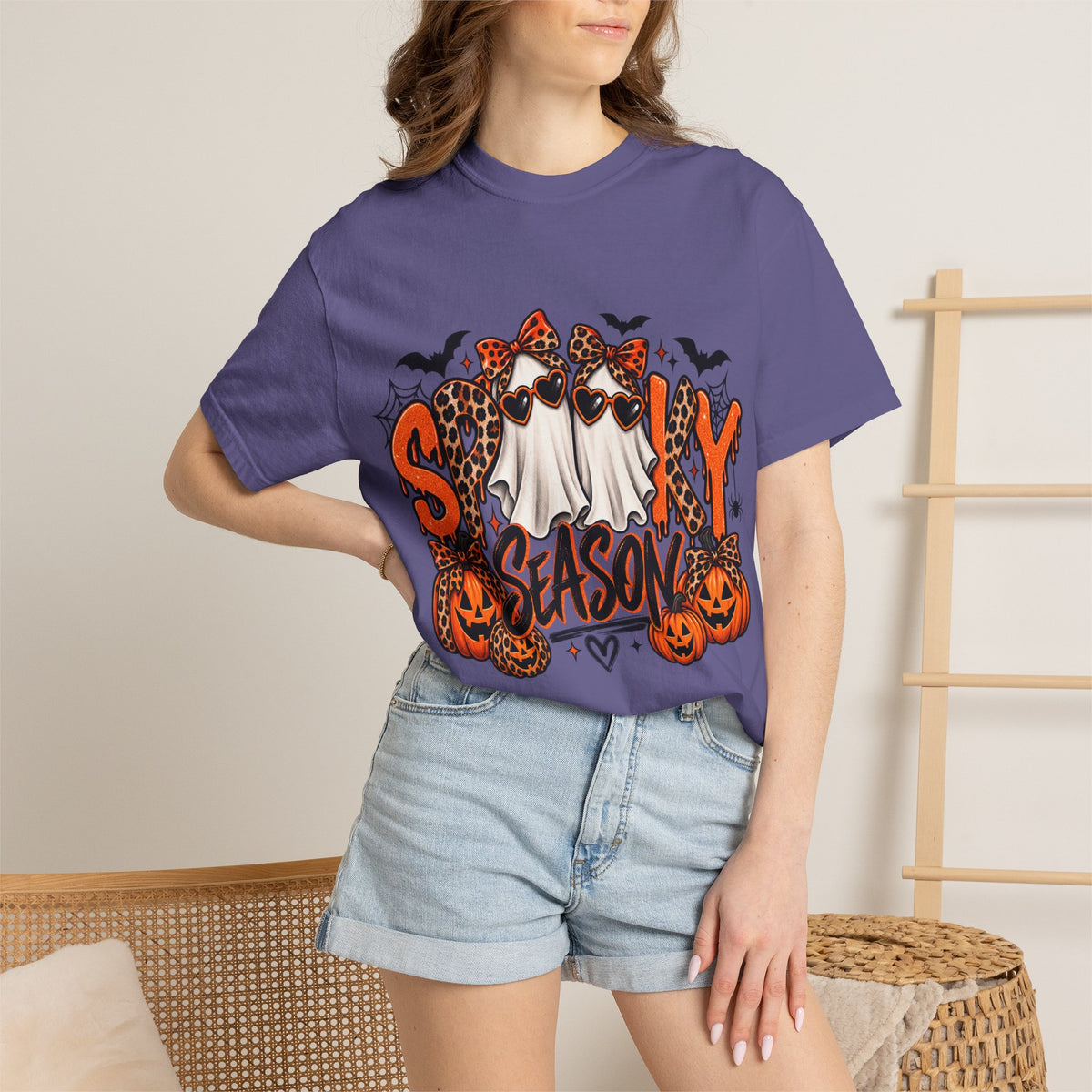 Spooky Season Halloween T-Shirt — Ghosts, Pumpkins & Leopard Bows