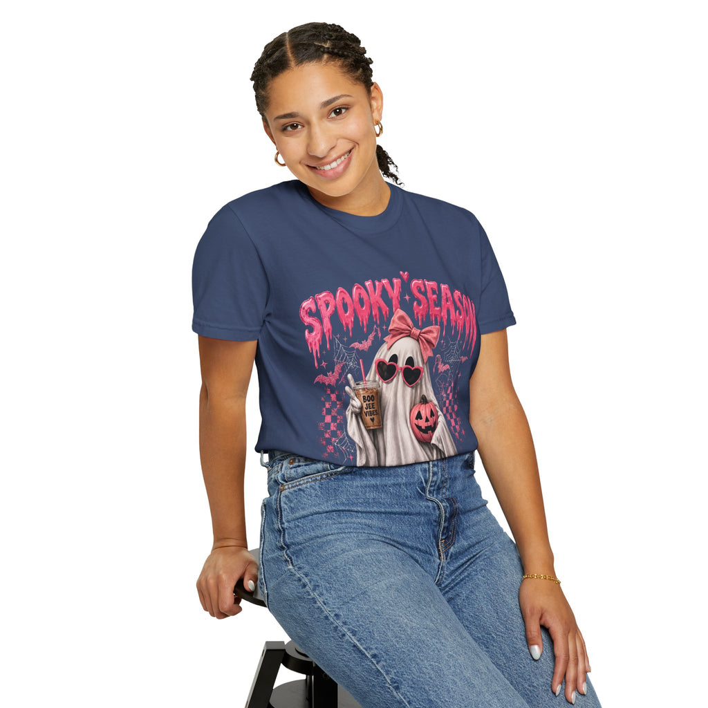 Spooky Season Ghost T-Shirt — Cute Pink Halloween Pumpkin & Trick-or-Treat Design