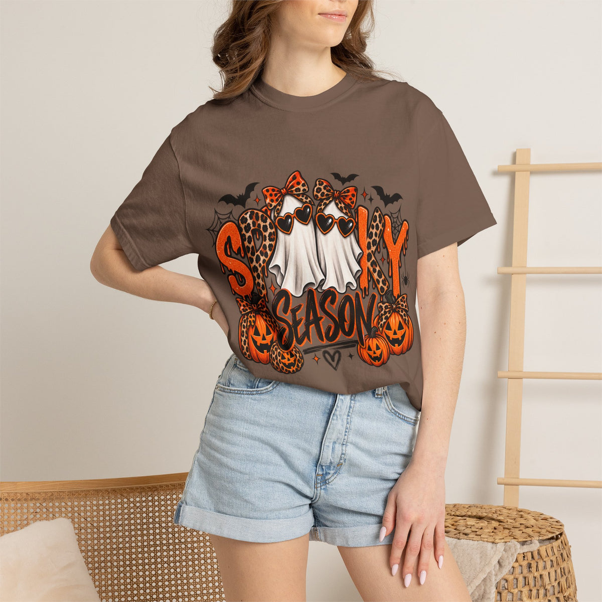 Spooky Season Halloween T-Shirt — Ghosts, Pumpkins & Leopard Bows
