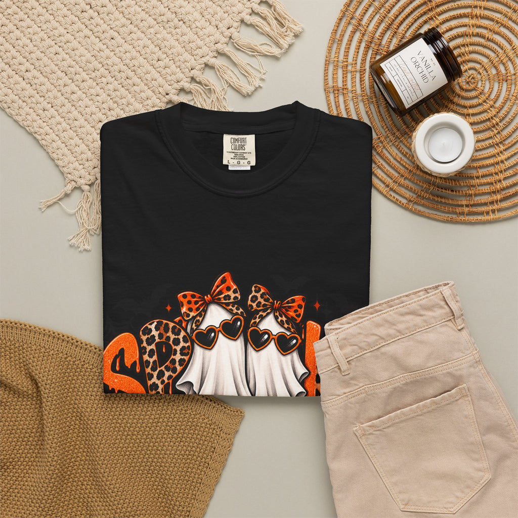 Spooky Season Halloween T-Shirt — Ghosts, Pumpkins & Leopard Bows