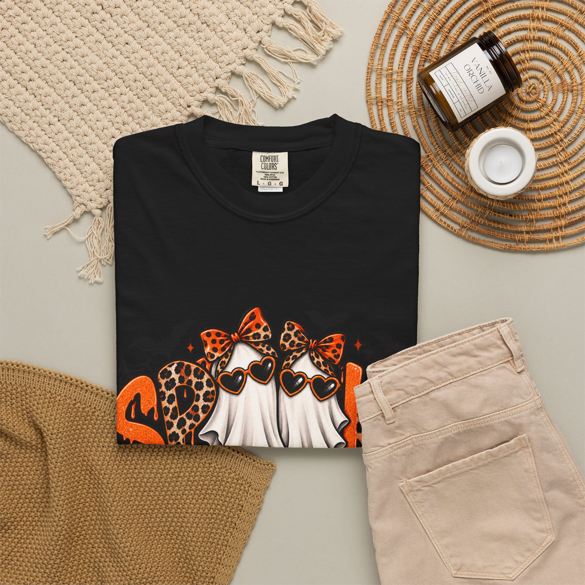 Spooky Season Halloween T-Shirt — Ghosts, Pumpkins & Leopard Bows