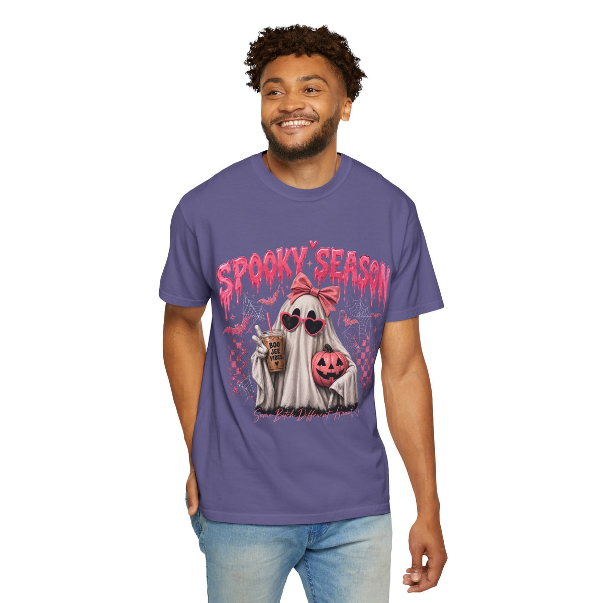 Spooky Season Ghost T-Shirt — Cute Pink Halloween Pumpkin & Trick-or-Treat Design