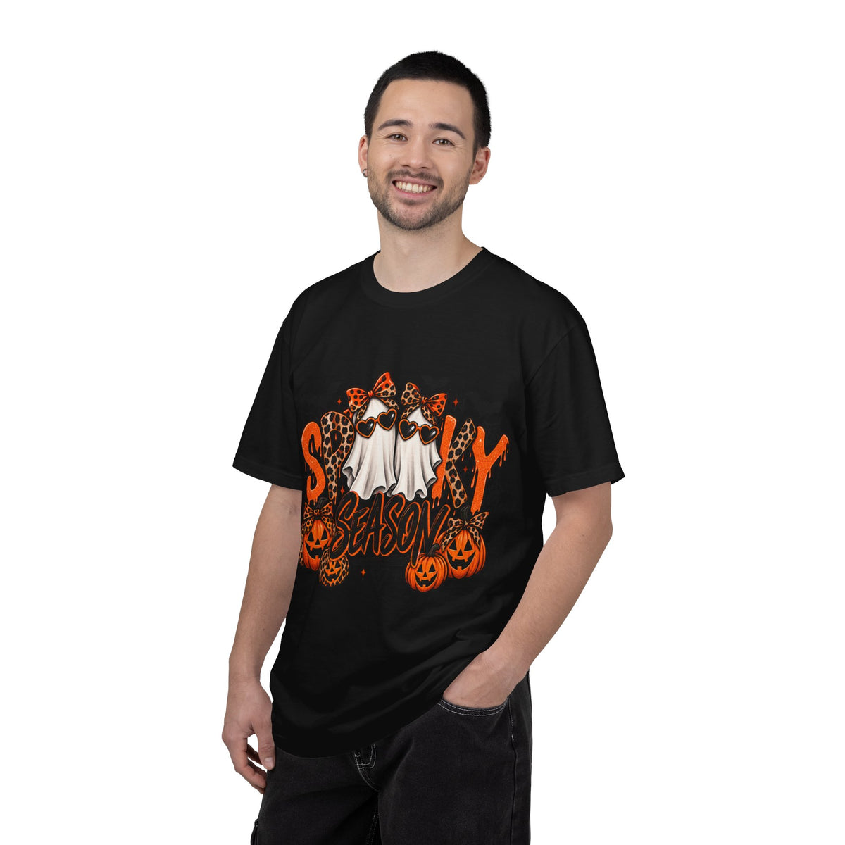 Spooky Season Halloween T-Shirt — Ghosts, Pumpkins & Leopard Bows