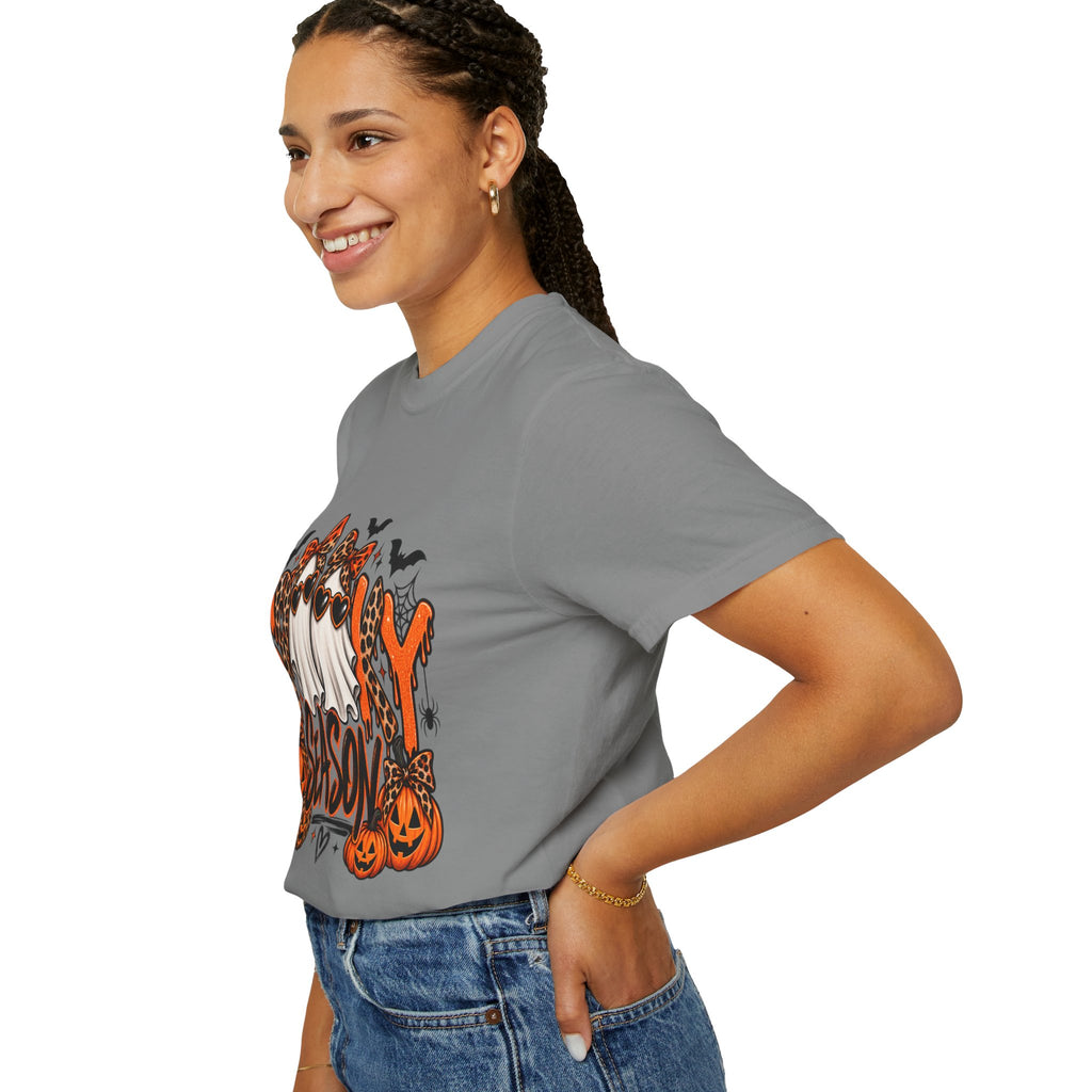 Spooky Season Halloween T-Shirt — Ghosts, Pumpkins & Leopard Bows