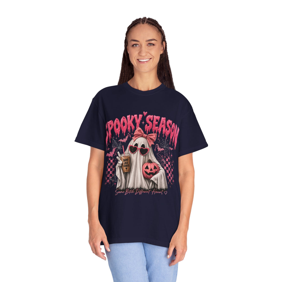 Spooky Season Ghost T-Shirt — Cute Pink Halloween Pumpkin & Trick-or-Treat Design