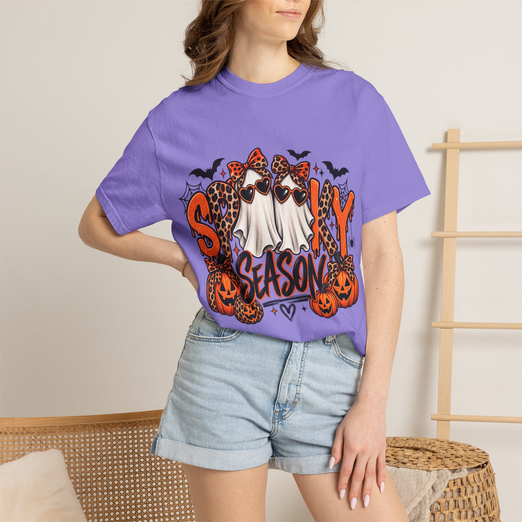 Spooky Season Halloween T-Shirt — Ghosts, Pumpkins & Leopard Bows