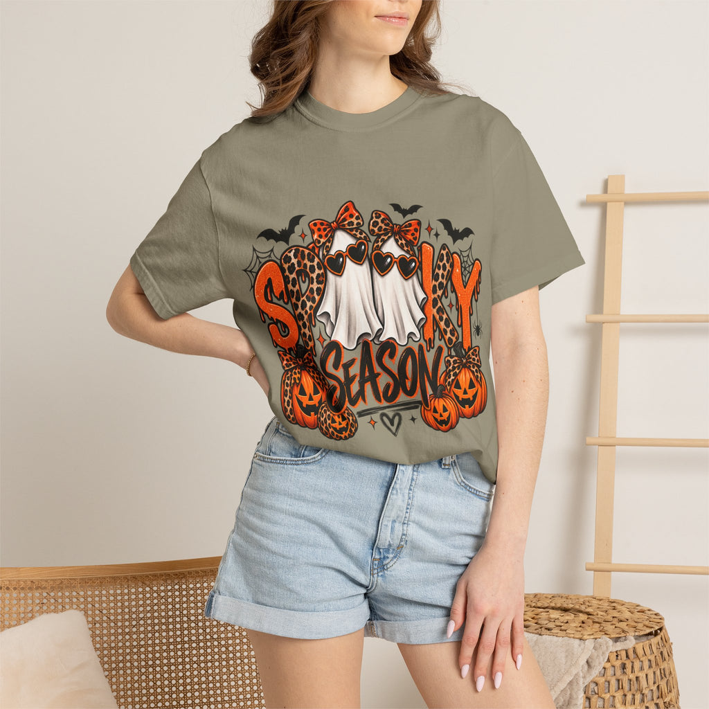 Spooky Season Halloween T-Shirt — Ghosts, Pumpkins & Leopard Bows