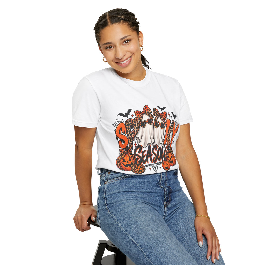 Spooky Season Halloween T-Shirt — Ghosts, Pumpkins & Leopard Bows