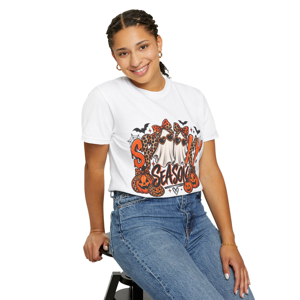 Spooky Season Halloween T-Shirt — Ghosts, Pumpkins & Leopard Bows