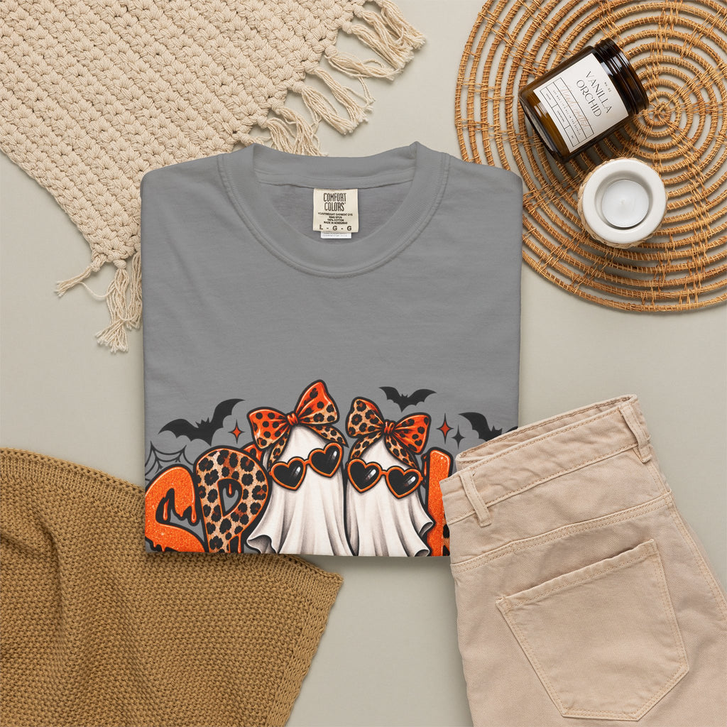Spooky Season Halloween T-Shirt — Ghosts, Pumpkins & Leopard Bows