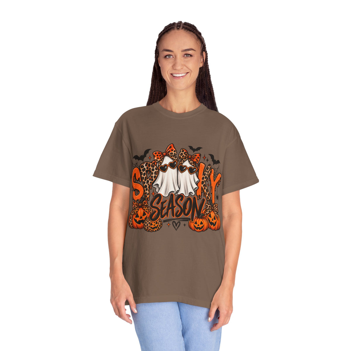 Spooky Season Halloween T-Shirt — Ghosts, Pumpkins & Leopard Bows