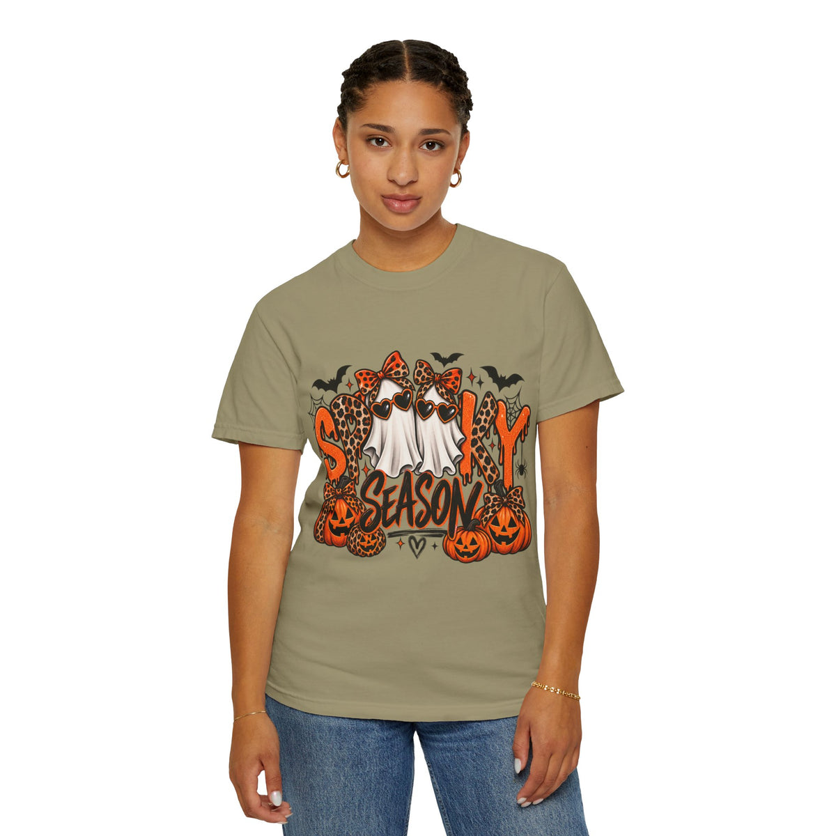 Spooky Season Halloween T-Shirt — Ghosts, Pumpkins & Leopard Bows