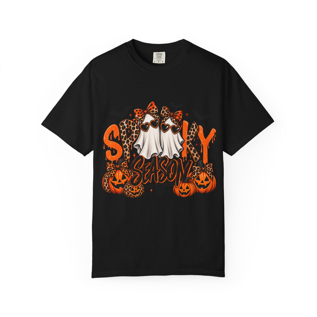 Spooky Season Halloween T-Shirt — Ghosts, Pumpkins & Leopard Bows