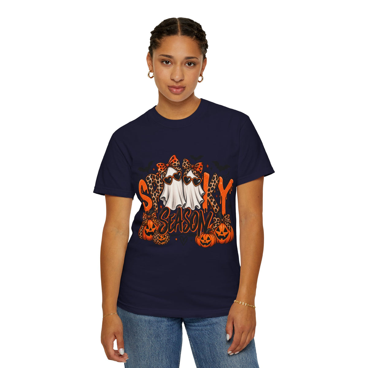 Spooky Season Halloween T-Shirt — Ghosts, Pumpkins & Leopard Bows