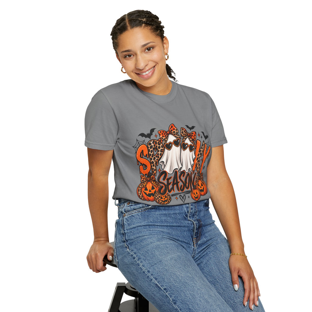 Spooky Season Halloween T-Shirt — Ghosts, Pumpkins & Leopard Bows