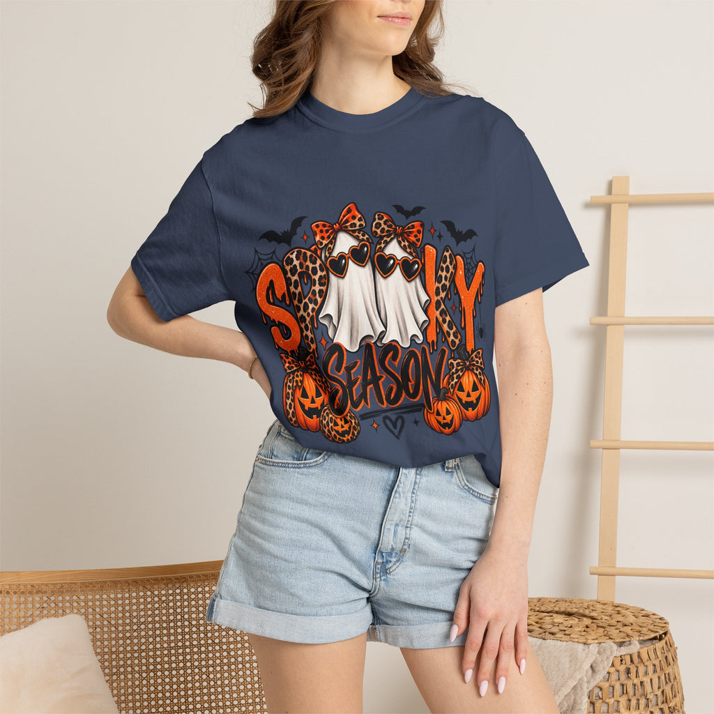 Spooky Season Halloween T-Shirt — Ghosts, Pumpkins & Leopard Bows