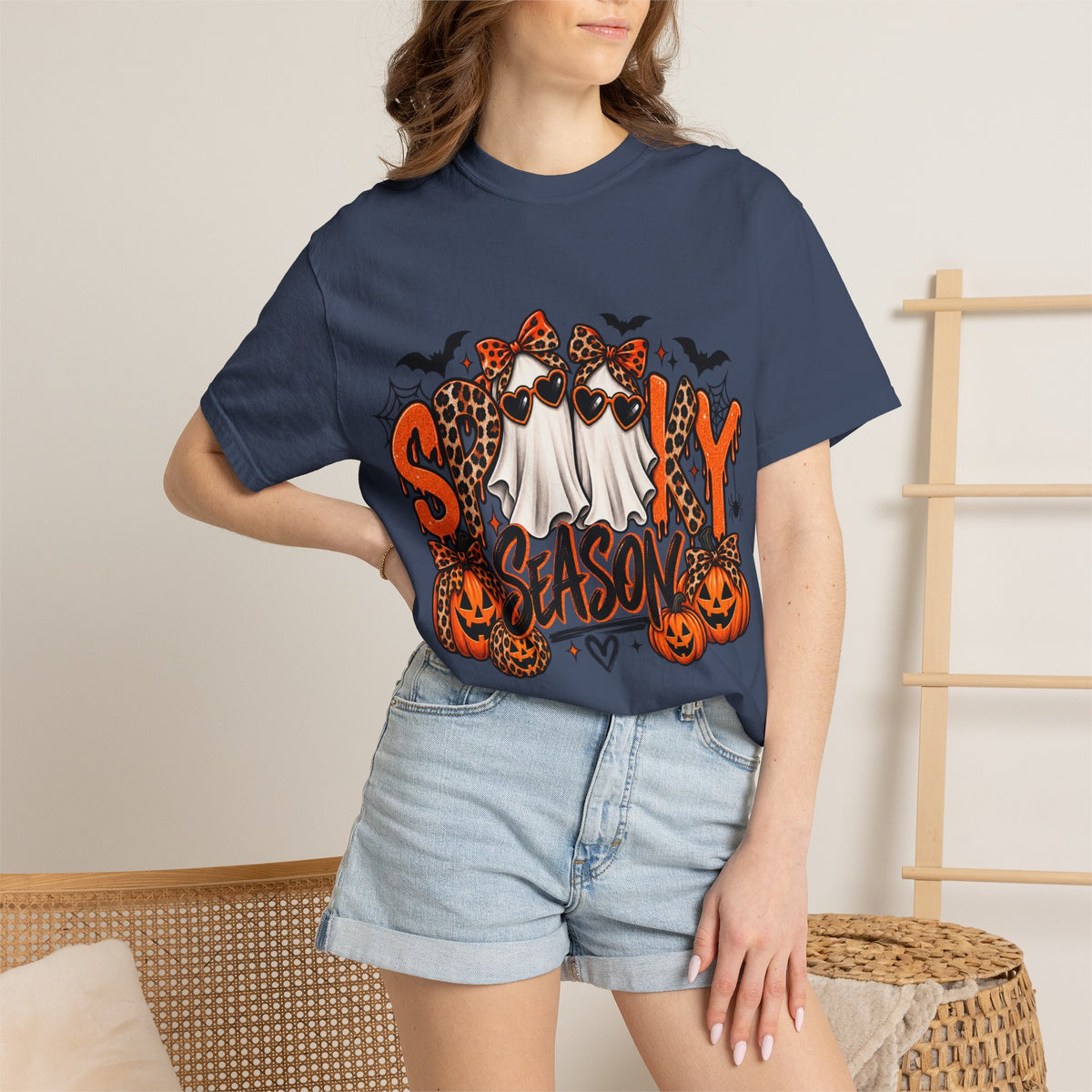 Spooky Season Halloween T-Shirt — Ghosts, Pumpkins & Leopard Bows