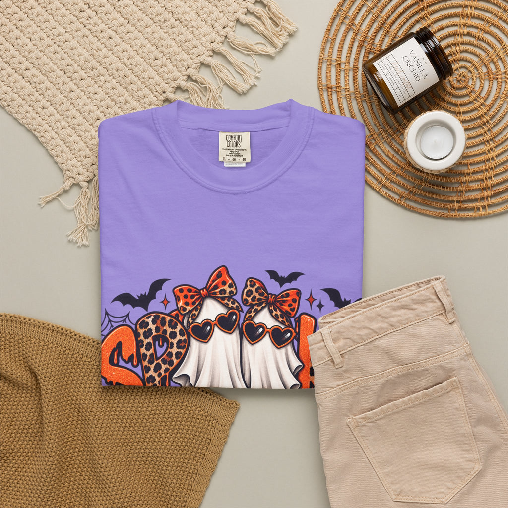 Spooky Season Halloween T-Shirt — Ghosts, Pumpkins & Leopard Bows