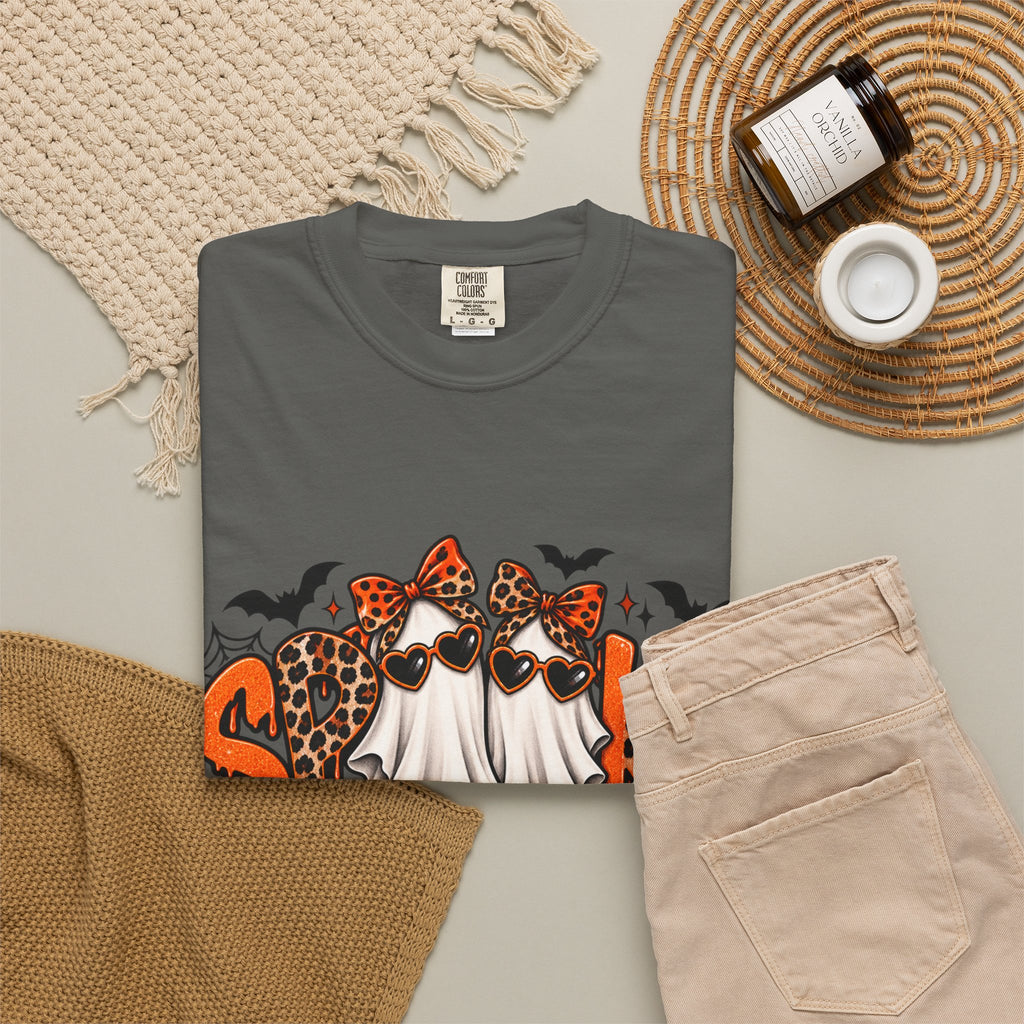 Spooky Season Halloween T-Shirt — Ghosts, Pumpkins & Leopard Bows