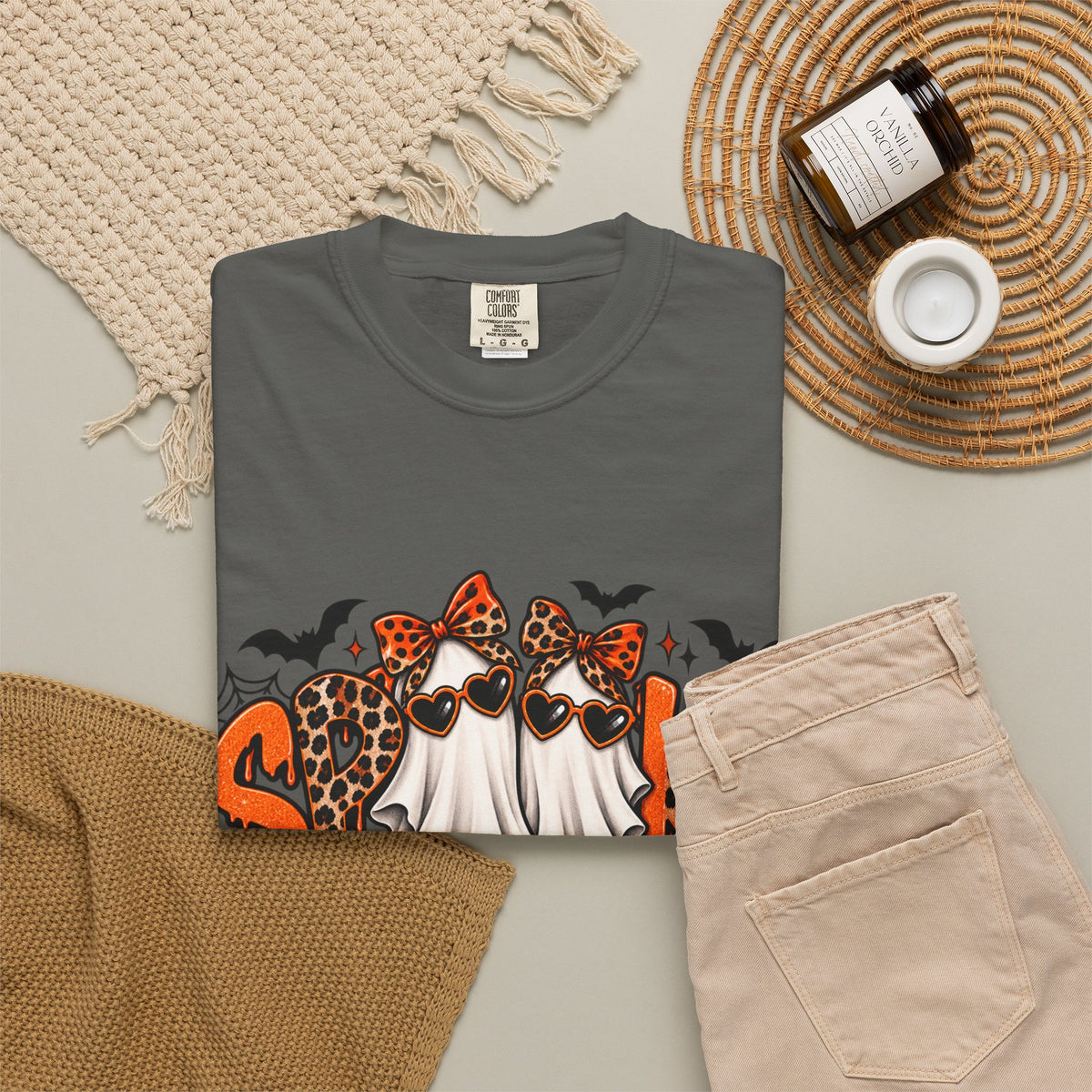 Spooky Season Halloween T-Shirt — Ghosts, Pumpkins & Leopard Bows