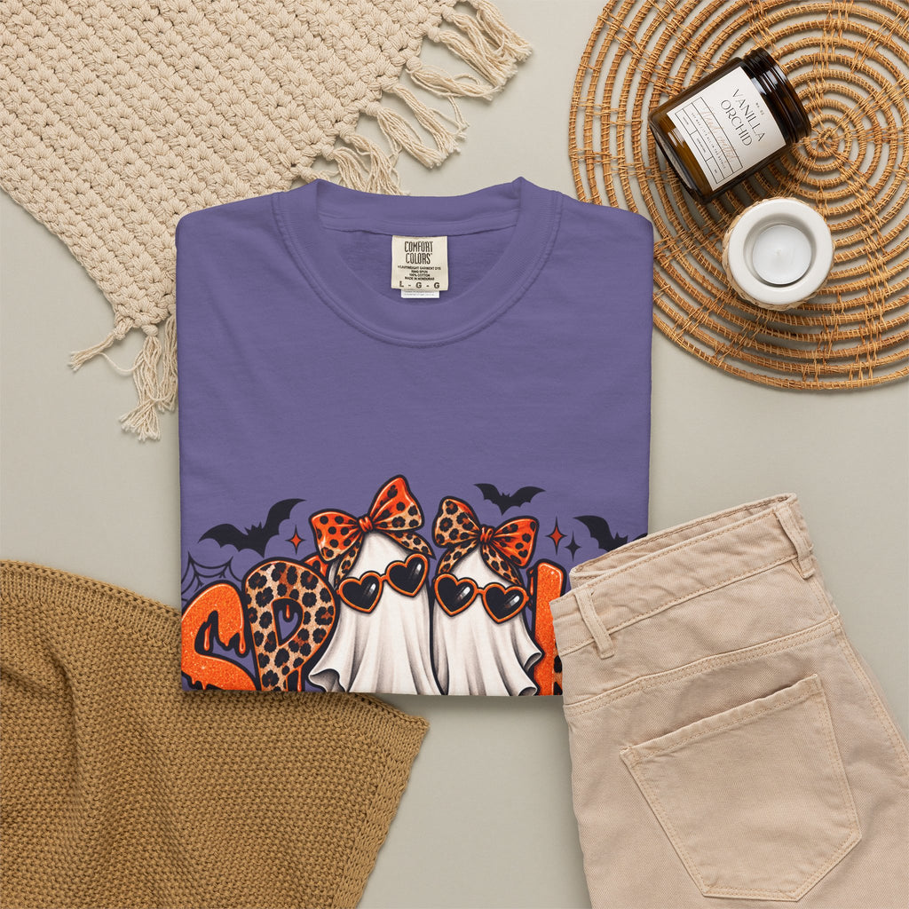 Spooky Season Halloween T-Shirt — Ghosts, Pumpkins & Leopard Bows