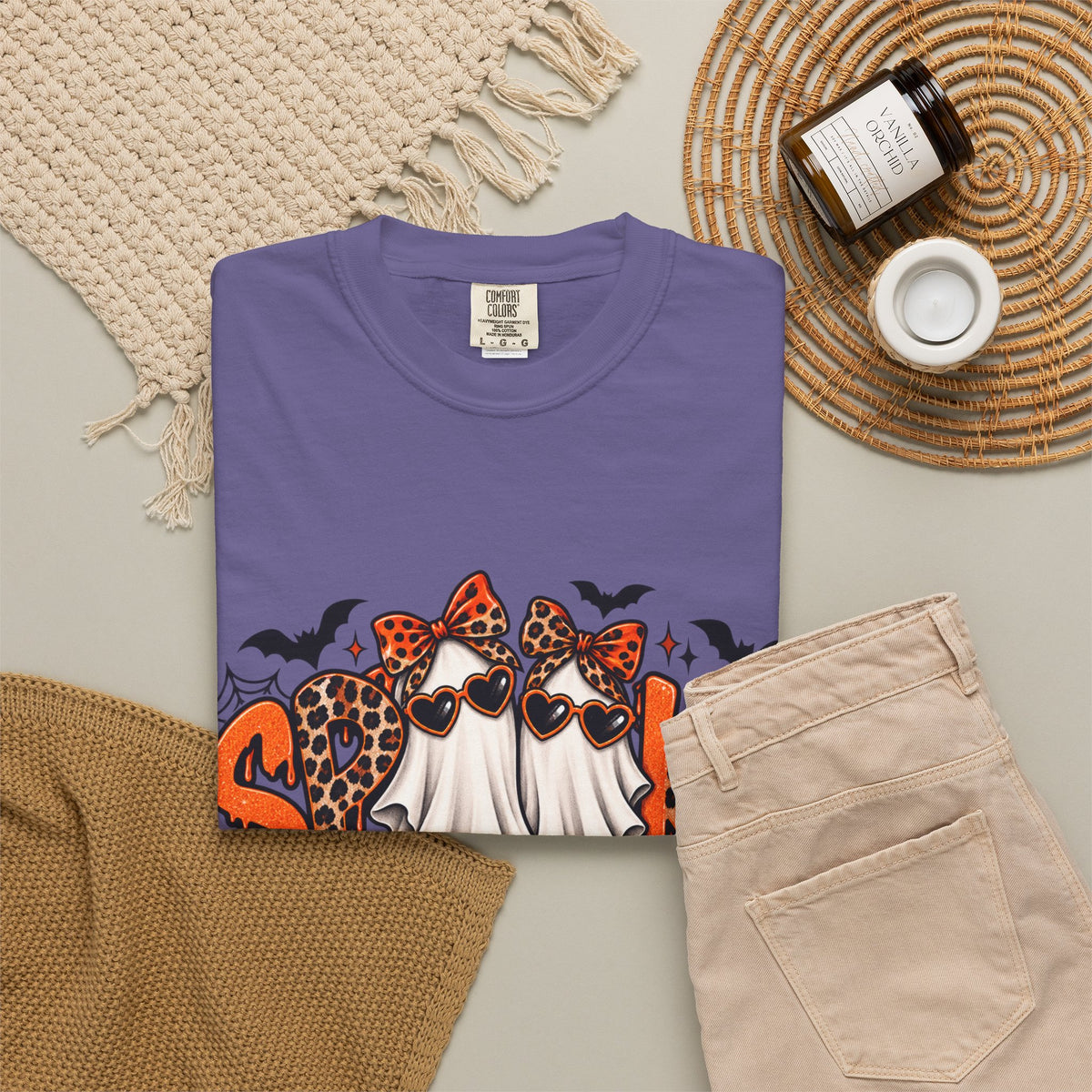 Spooky Season Halloween T-Shirt — Ghosts, Pumpkins & Leopard Bows