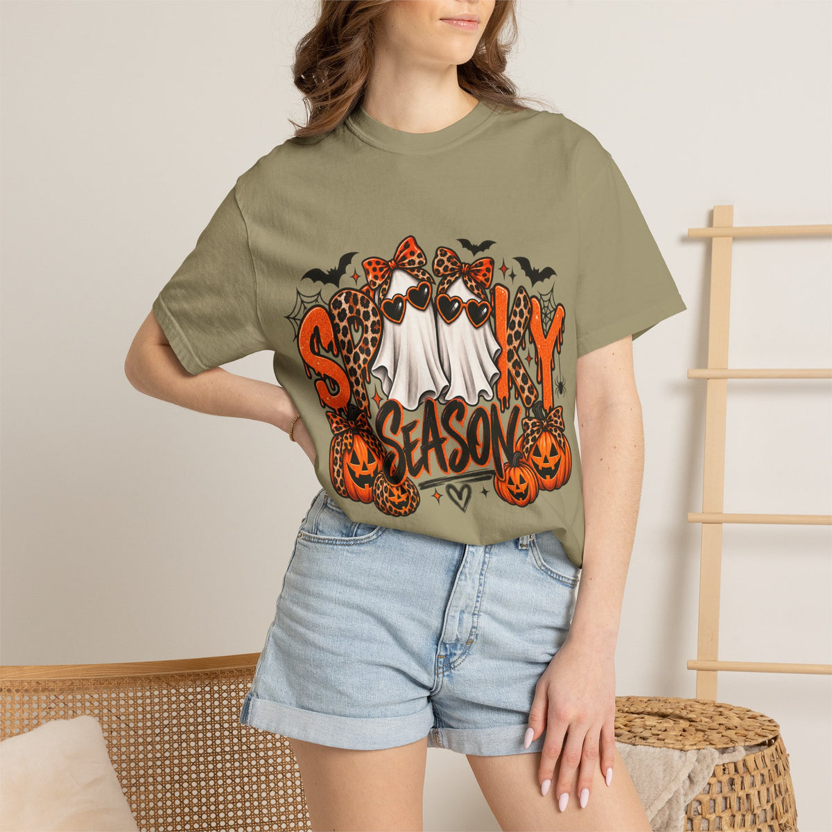 Spooky Season Halloween T-Shirt — Ghosts, Pumpkins & Leopard Bows