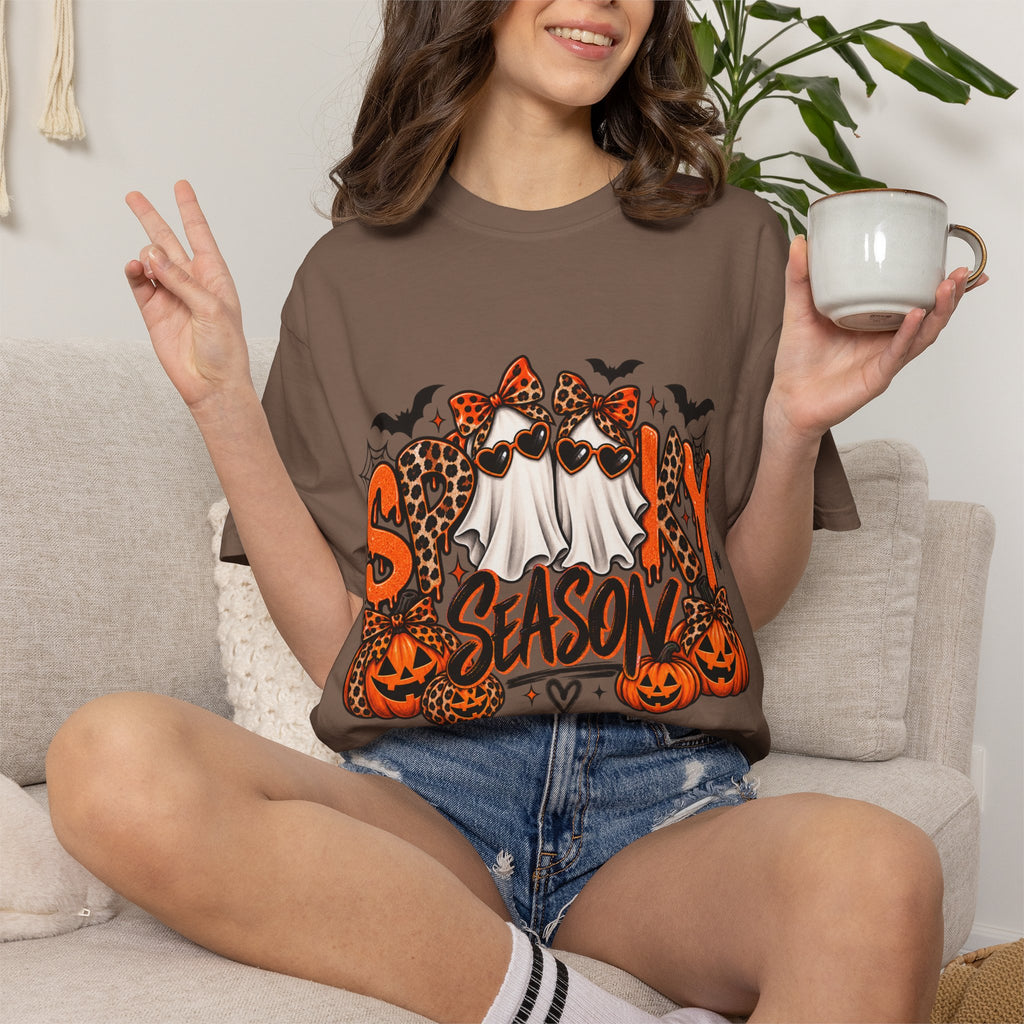 Spooky Season Halloween T-Shirt — Ghosts, Pumpkins & Leopard Bows