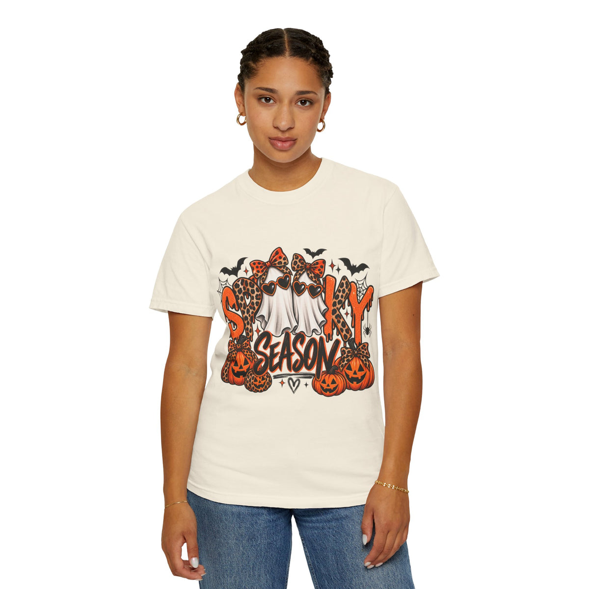 Spooky Season Halloween T-Shirt — Ghosts, Pumpkins & Leopard Bows