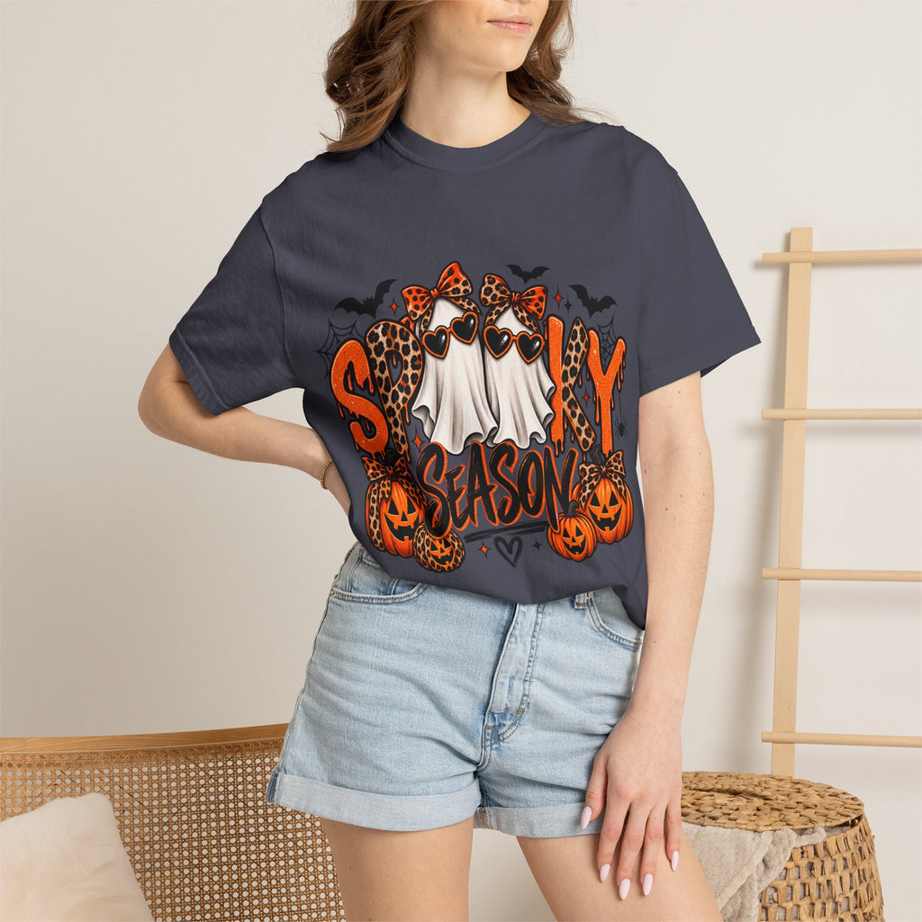 Spooky Season Halloween T-Shirt — Ghosts, Pumpkins & Leopard Bows