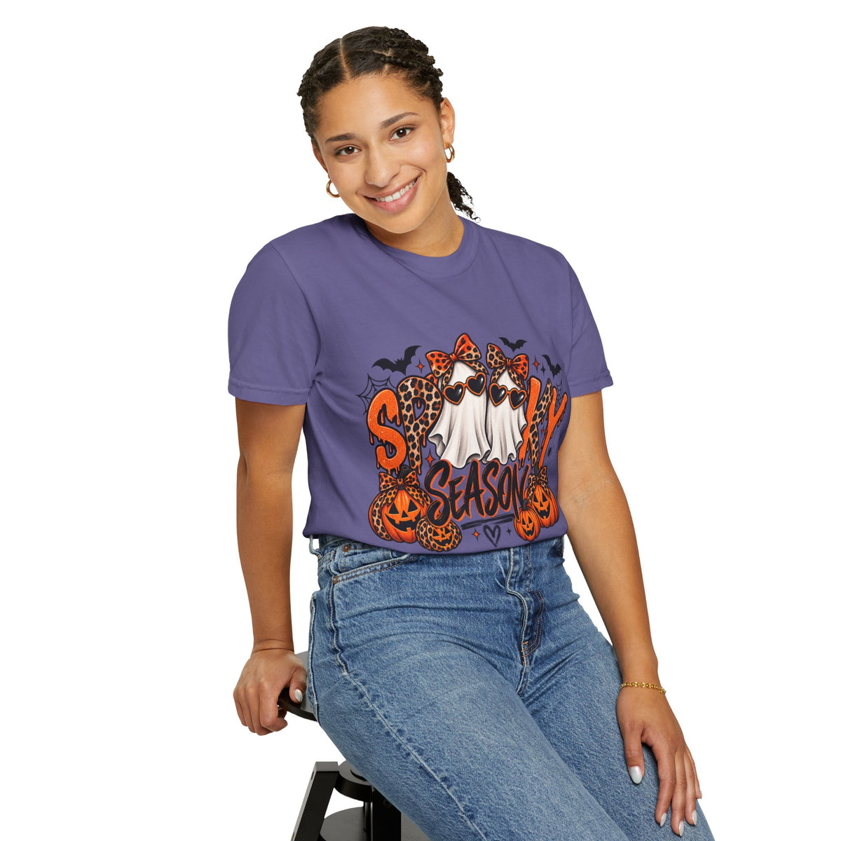 Spooky Season Halloween T-Shirt — Ghosts, Pumpkins & Leopard Bows