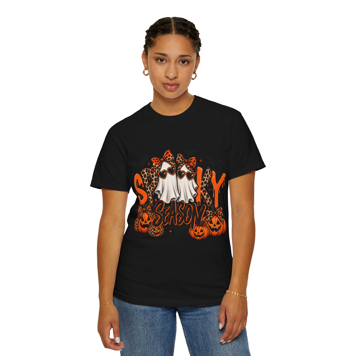 Spooky Season Halloween T-Shirt — Ghosts, Pumpkins & Leopard Bows