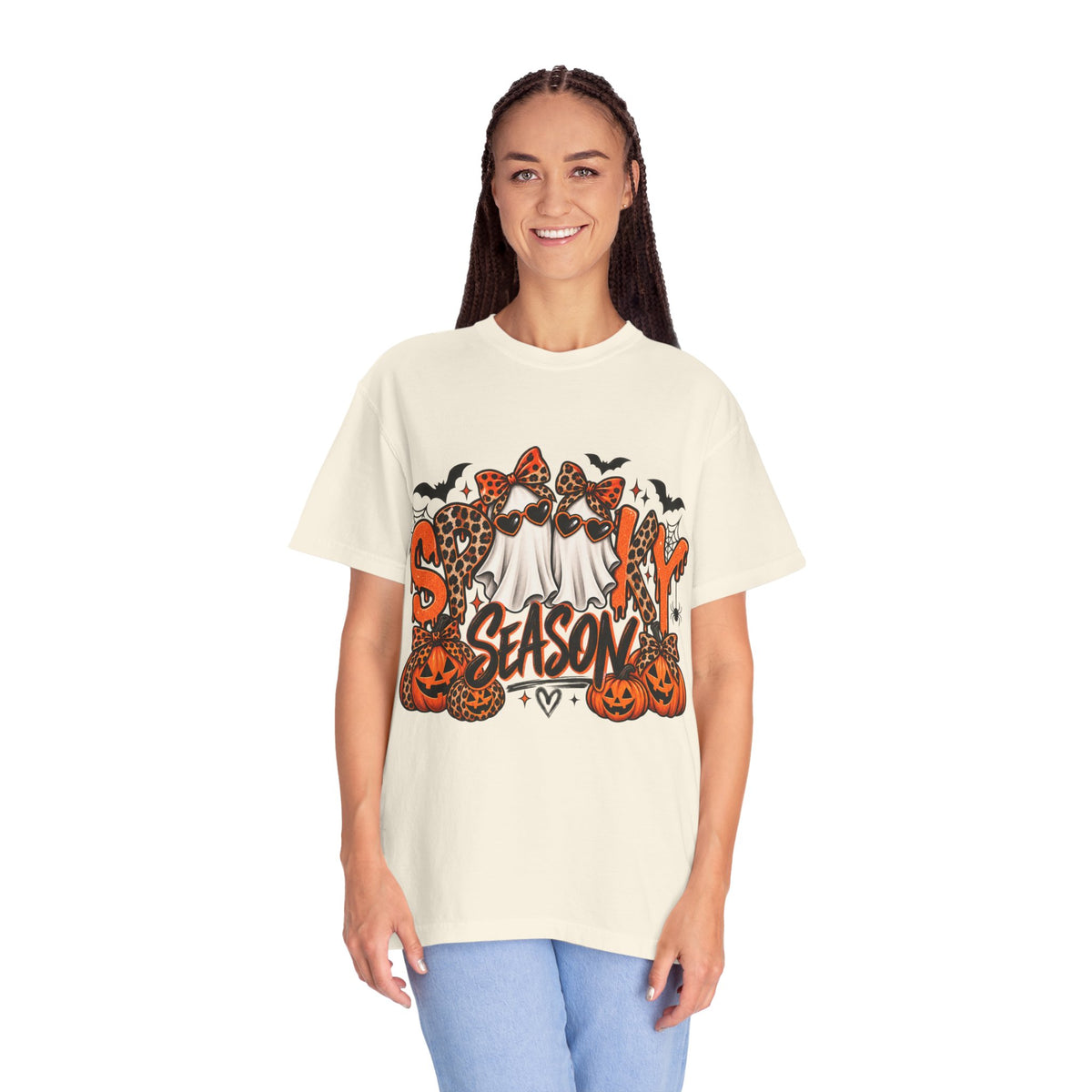 Spooky Season Halloween T-Shirt — Ghosts, Pumpkins & Leopard Bows