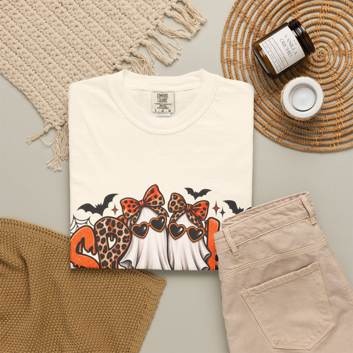 Spooky Season Halloween T-Shirt — Ghosts, Pumpkins & Leopard Bows