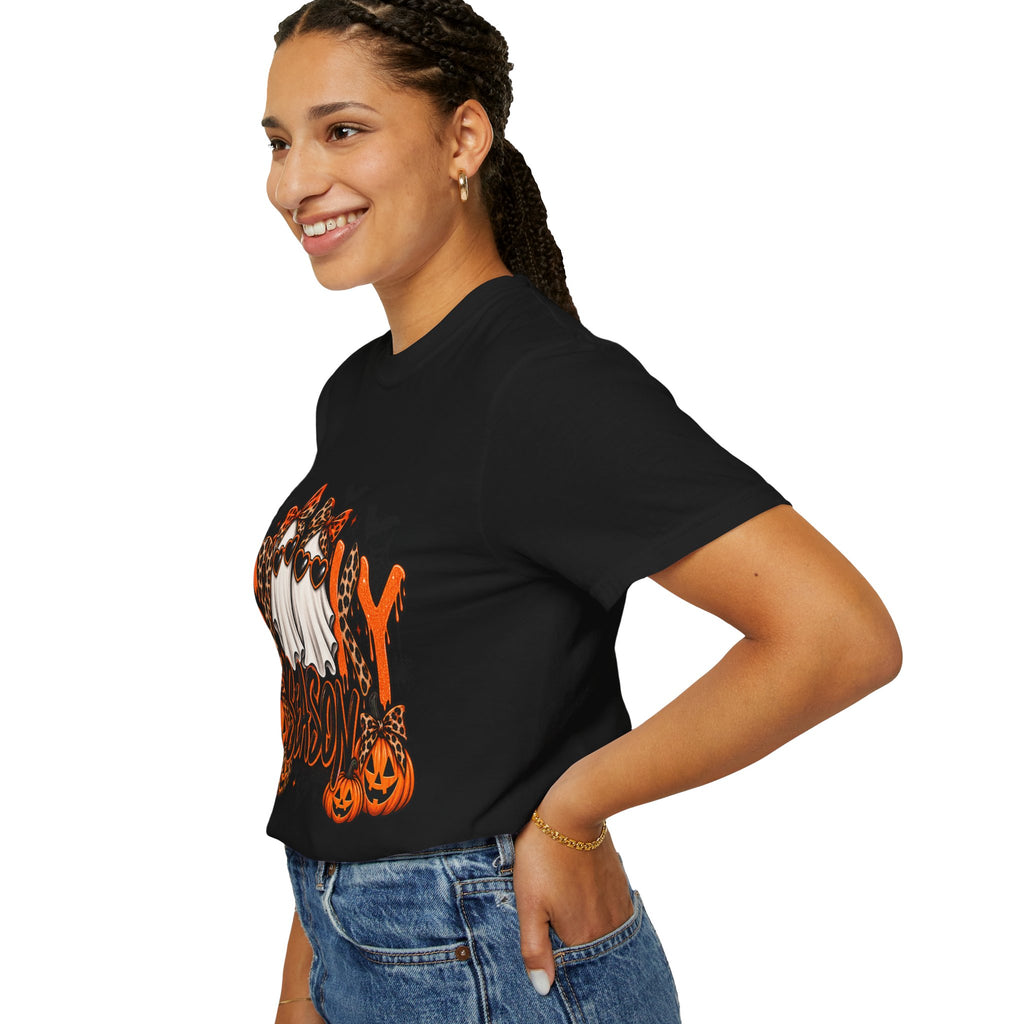 Spooky Season Halloween T-Shirt — Ghosts, Pumpkins & Leopard Bows