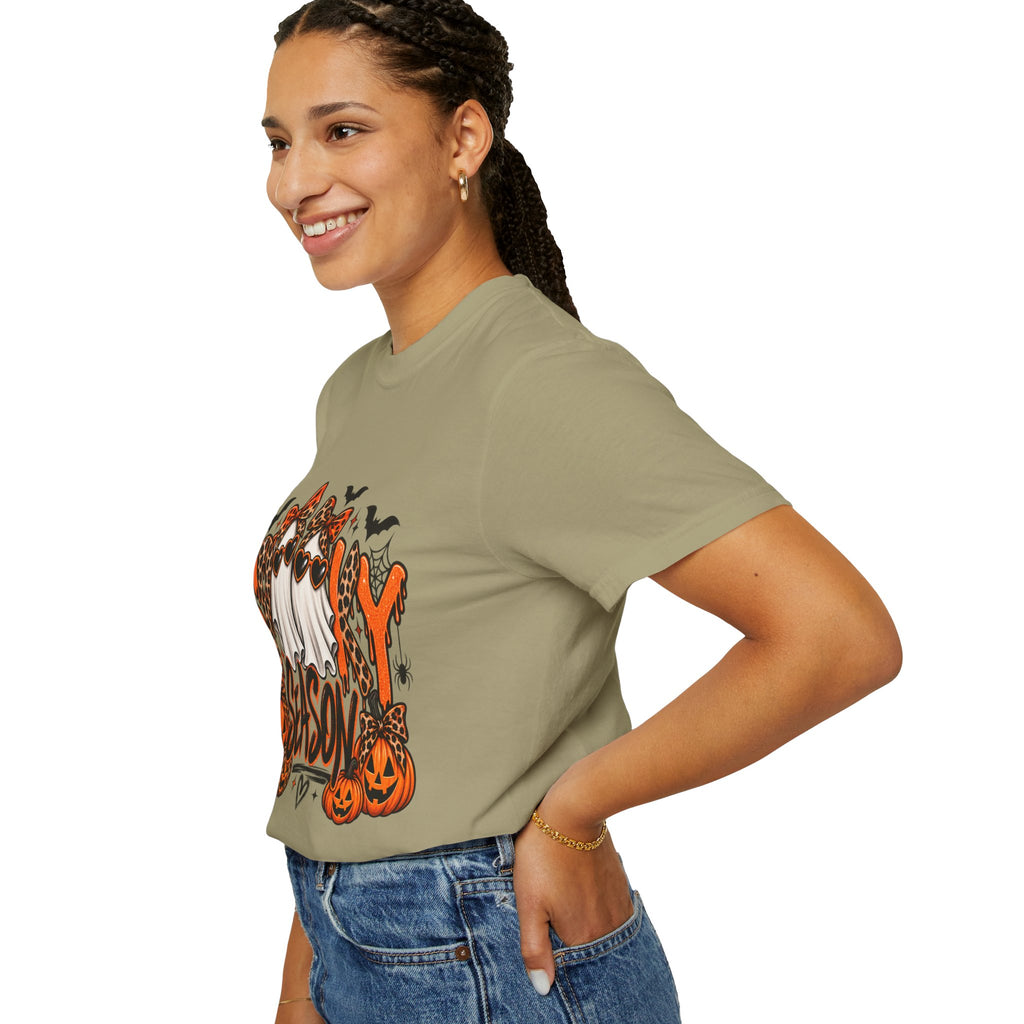 Spooky Season Halloween T-Shirt — Ghosts, Pumpkins & Leopard Bows
