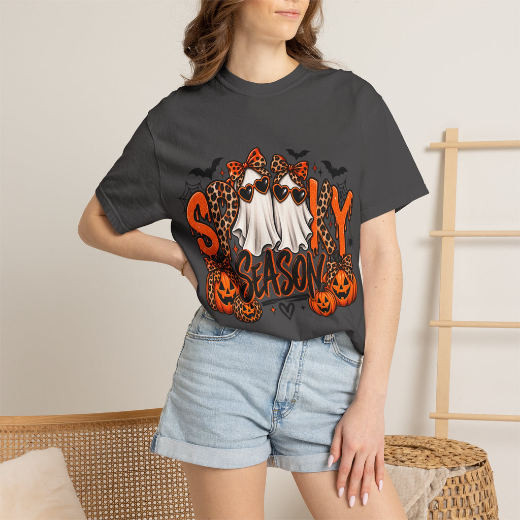 Spooky Season Halloween T-Shirt — Ghosts, Pumpkins & Leopard Bows