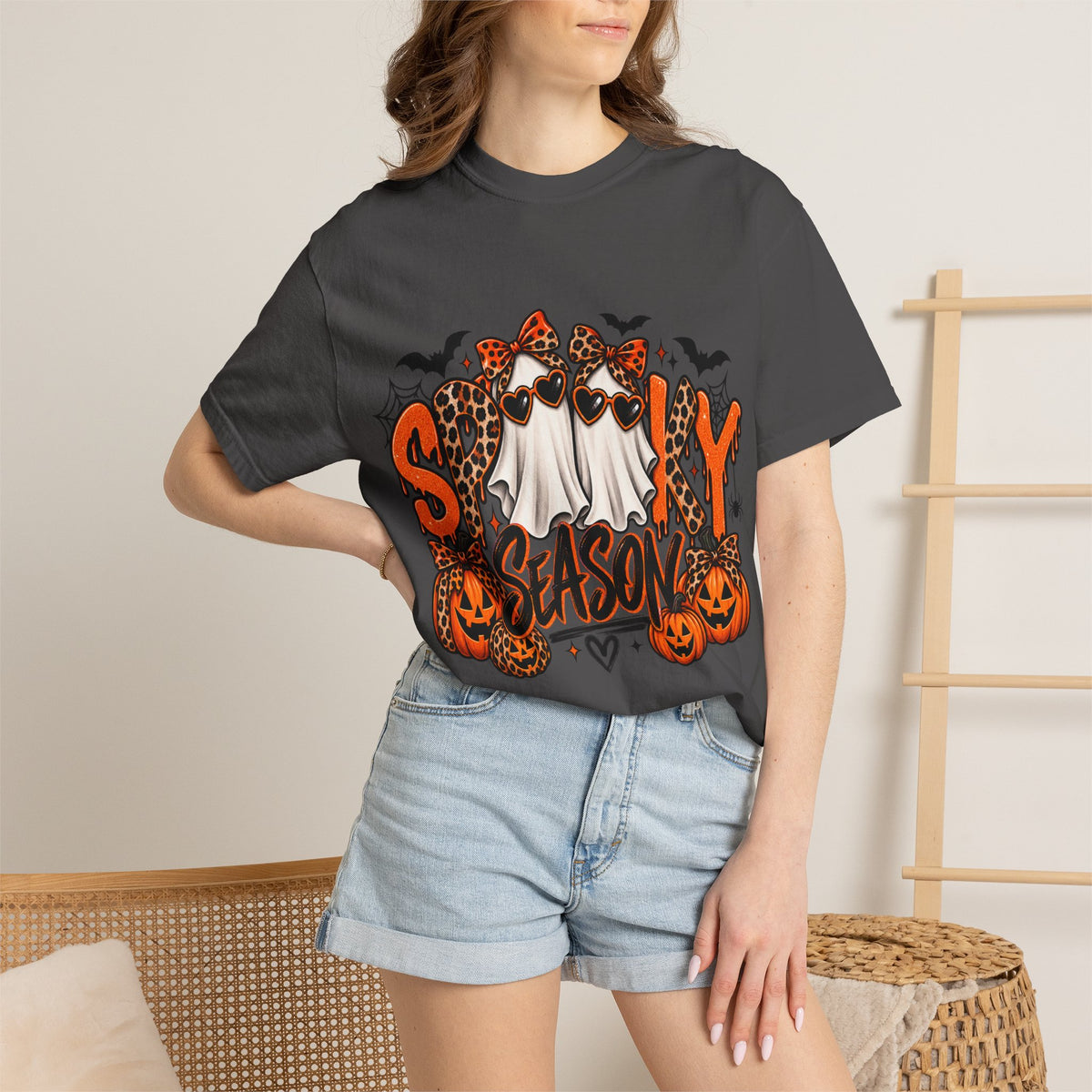 Spooky Season Halloween T-Shirt — Ghosts, Pumpkins & Leopard Bows