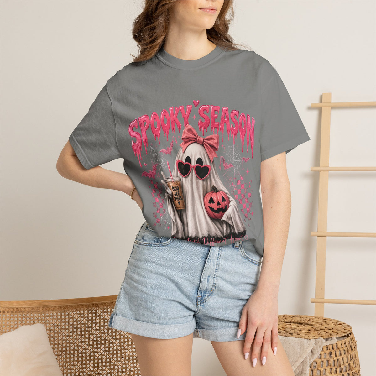 Spooky Season Ghost T-Shirt — Cute Pink Halloween Pumpkin & Trick-or-Treat Design