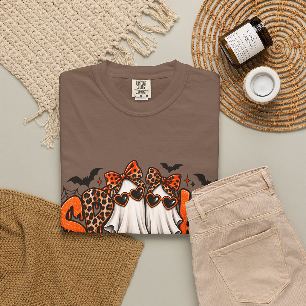 Spooky Season Halloween T-Shirt — Ghosts, Pumpkins & Leopard Bows