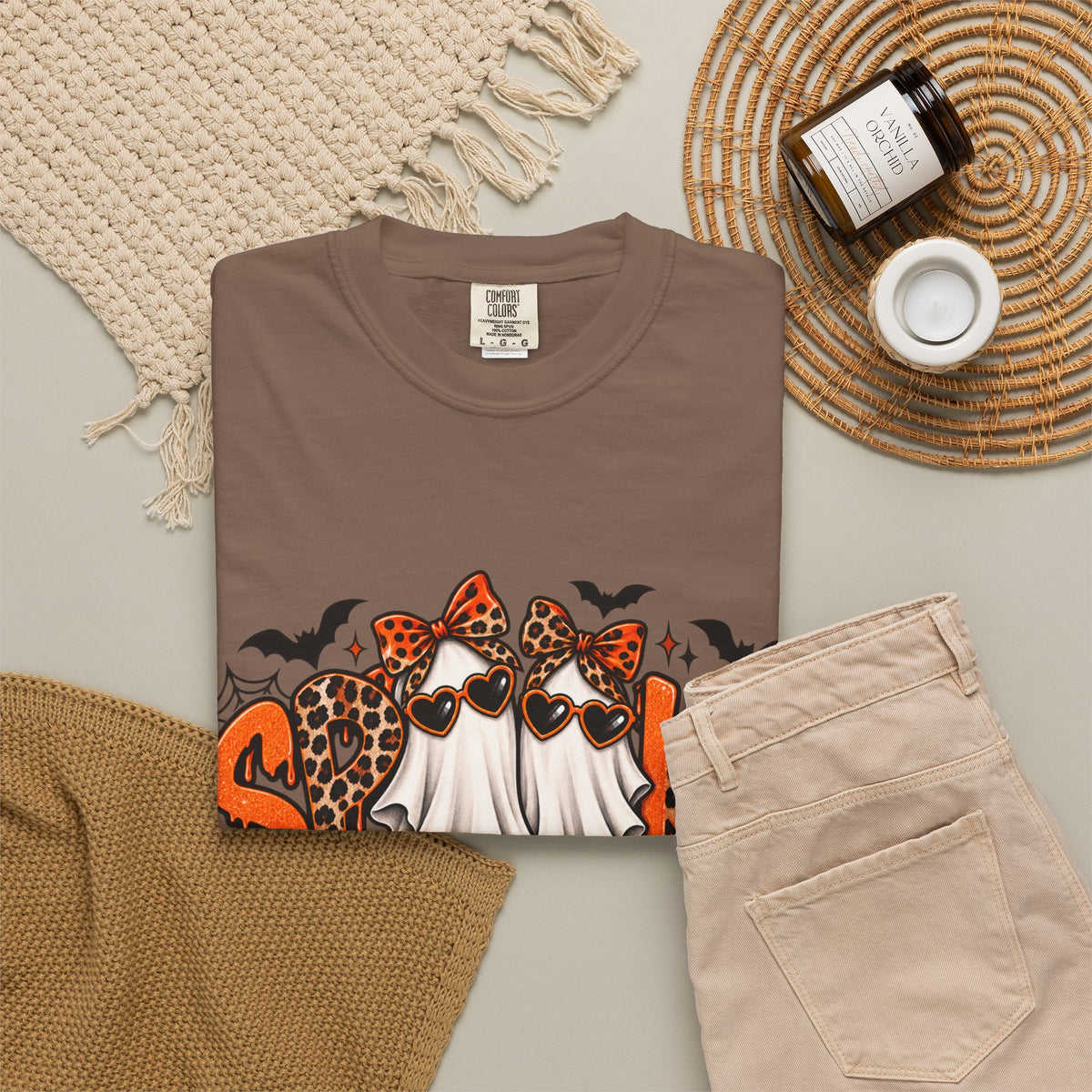 Spooky Season Halloween T-Shirt — Ghosts, Pumpkins & Leopard Bows