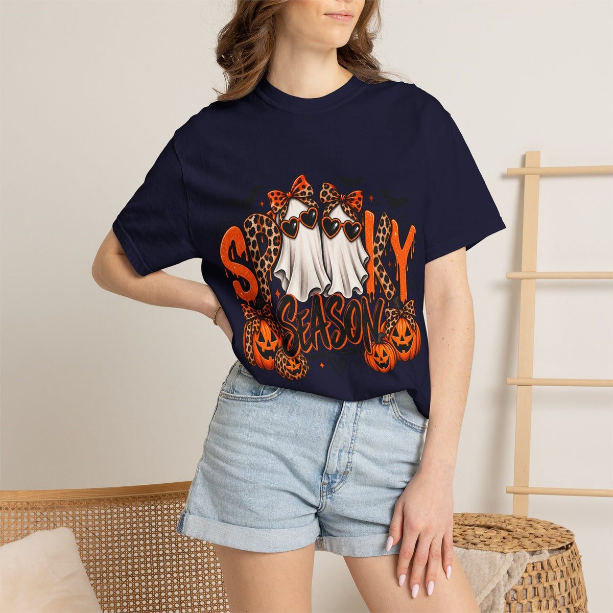 Spooky Season Halloween T-Shirt — Ghosts, Pumpkins & Leopard Bows