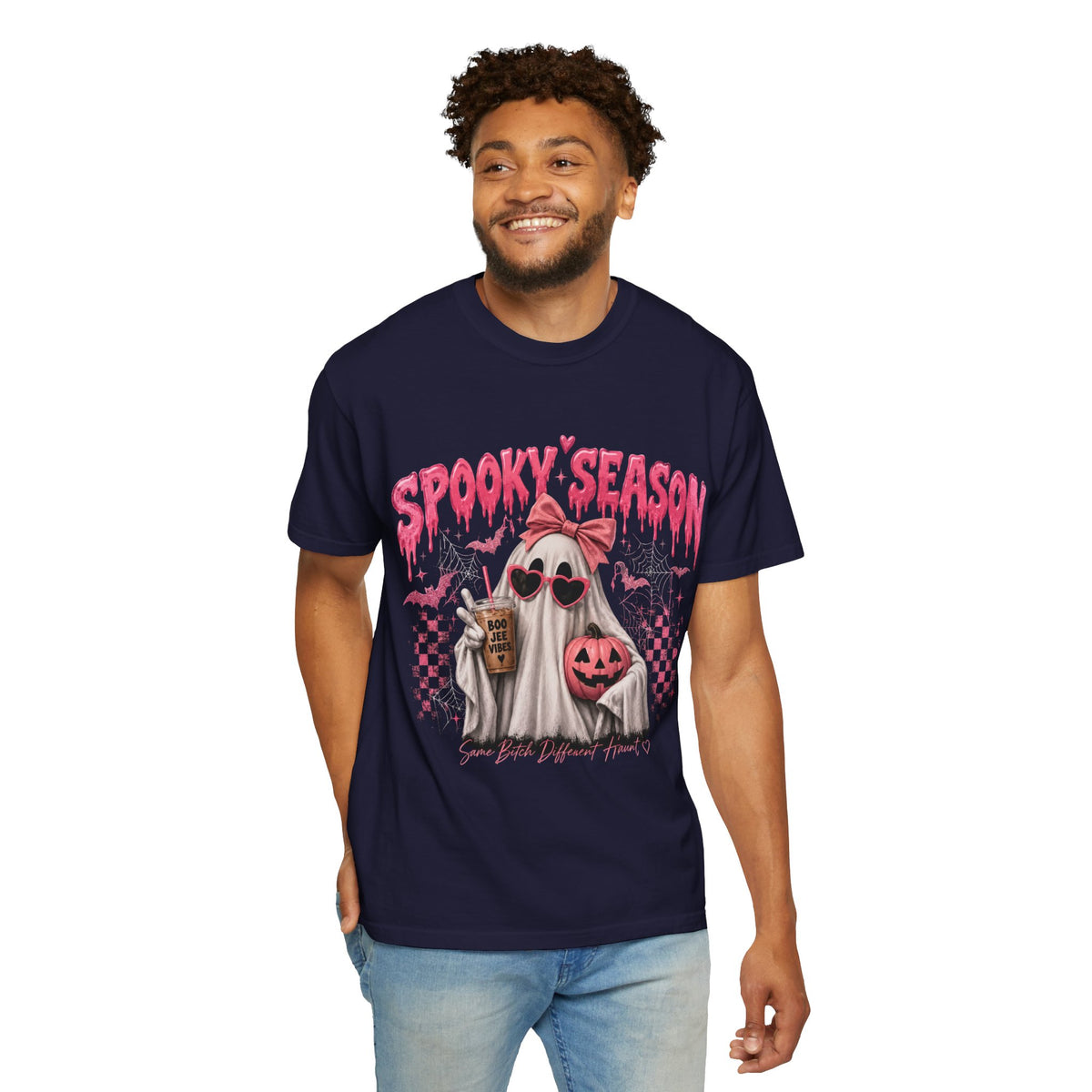 Spooky Season Ghost T-Shirt — Cute Pink Halloween Pumpkin & Trick-or-Treat Design