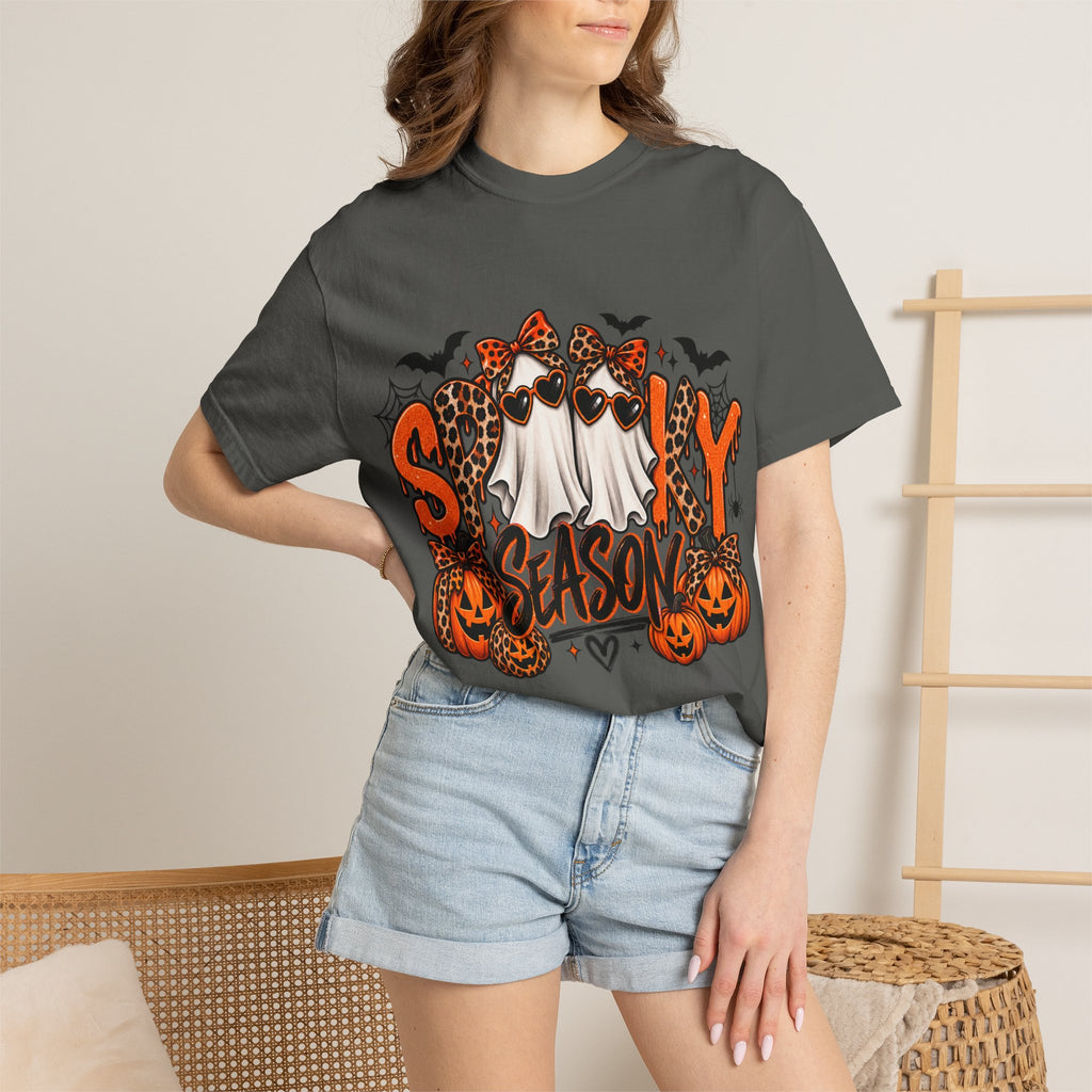 Spooky Season Halloween T-Shirt — Ghosts, Pumpkins & Leopard Bows