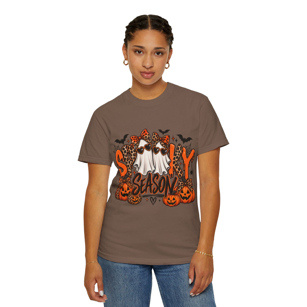 Spooky Season Halloween T-Shirt — Ghosts, Pumpkins & Leopard Bows