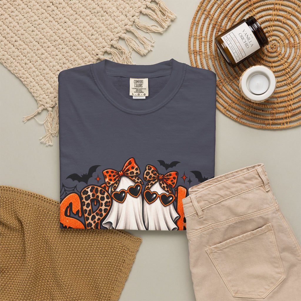 Spooky Season Halloween T-Shirt — Ghosts, Pumpkins & Leopard Bows